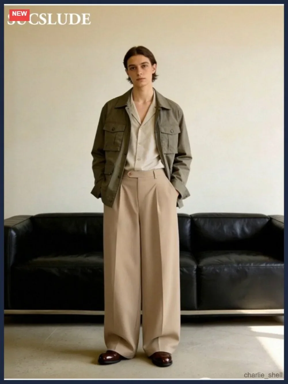 Men's Wide Leg Pleated Pants Elastic Waist Casual Dress Trousers